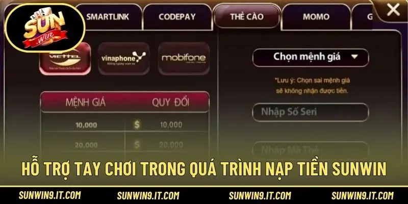 Hỗ trợ tay chơi trong quá trình nạp tiền Sunwin